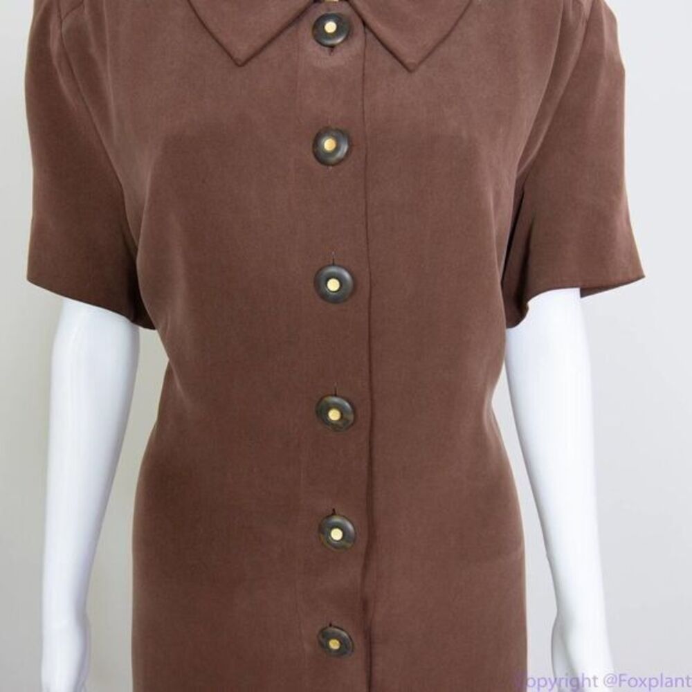 Vintage Spenser Jeremy 100% silk button down short‎ sleeves brown midi dress, 16 - Picture 6 of 16